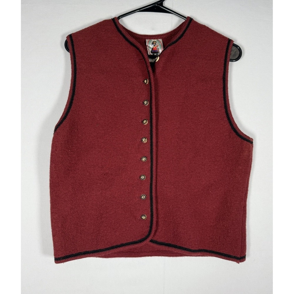 Vintage Salzburger Dirndl Look Wool Vest Women's 46 Red Trachtenecht Button